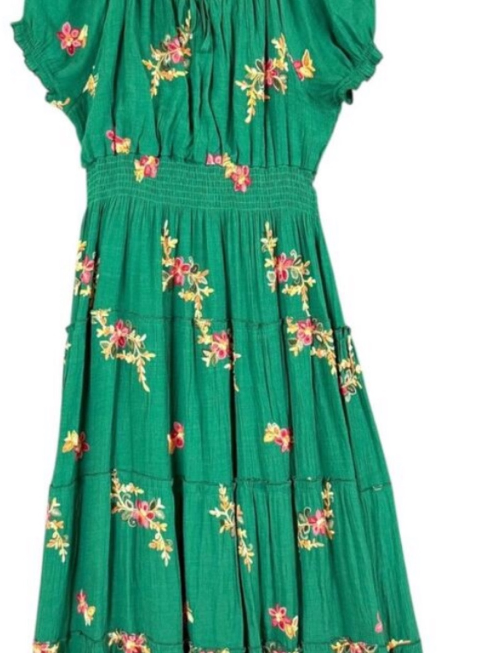 Green Floral Midi Dress with Smocked Waist